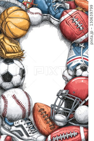Colorful Sports Equipment Frame with Various Balls and Gear for Background Design Colorful Sports Equipment Frame with Various Balls and Gear for Background Design 130639799