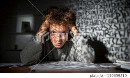 Young Man Experiencing Stress and Overwhelm with Shadowy Letters on the Wall Young Man Experiencing Stress and Overwhelm with Shadowy Letters on the Wall 130639810