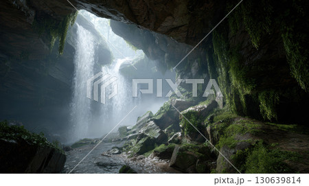 Giant waterfall cavern with roaring water, mist, mossy rocks, and lush green vegetation Giant waterfall cavern with roaring water, mist, mossy rocks, and lush green vegetation 130639814