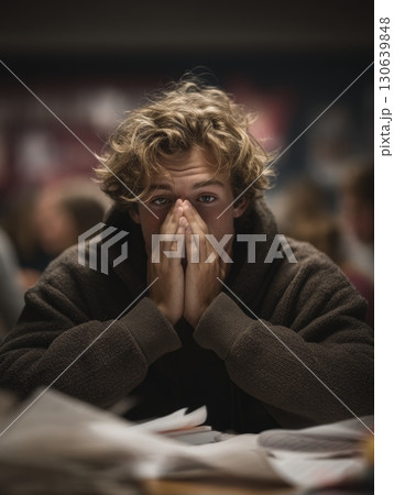 Introspective Young Man in Cozy Sweater with Hands Covering Face Amidst Papers 130639848