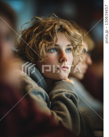 Thoughtful teenage student with curly hair in classroom setting during lesson time 130639857