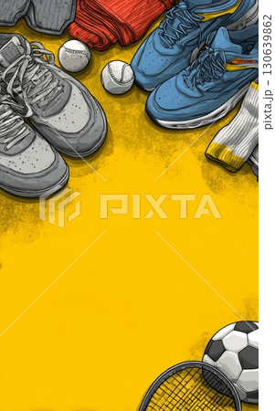 Athletic Gear and Sports Equipment Arrangement on Bright Yellow Background Athletic Gear and Sports Equipment Arrangement on Bright Yellow Background 130639862