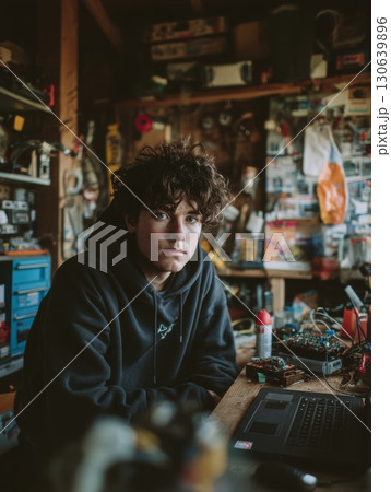 Contemplative Young Person in Cozy Workshop Surrounded by Tools and Gadgets Contemplative Young Person in Cozy Workshop Surrounded by Tools and Gadgets 130639896