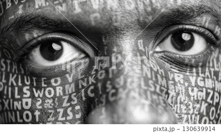 Close-Up Portrait of Man with Text Overlay on Face in Black and White Style 130639914