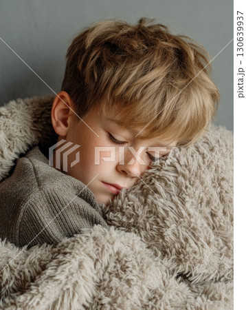 Cozy Boy Sleeping Peacefully Wrapped in Soft Blanket on Gray Background Cozy Boy Sleeping Peacefully Wrapped in Soft Blanket on Gray Background 130639937