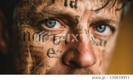 Man with Text Patterns on Face Symbolizing Identity and Expression through Art Man with Text Patterns on Face Symbolizing Identity and Expression through Art 130639951