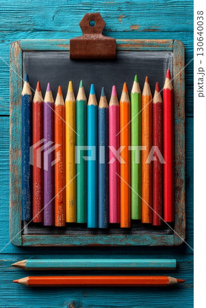 Colorful Pencils on Clipboard against Teal Wooden Background in Art Setting 130640038