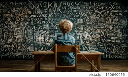 Child Sitting at a Desk in Front of a Wall Covered with Abstract Symbols and Letters 130640056