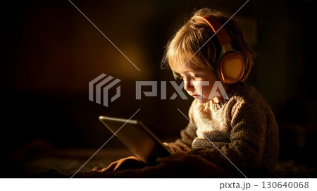Young Child Engrossed in Tablet While Wearing Headphones in Soft Ambient Light 130640068