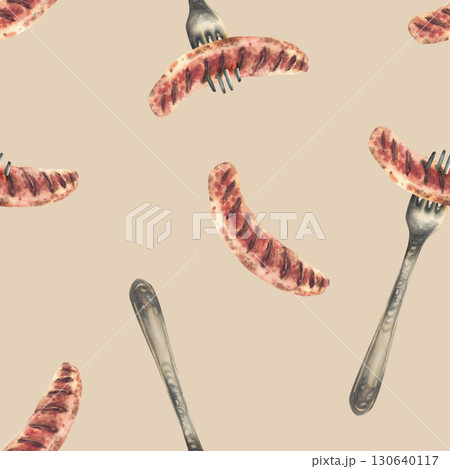 Watercolor Sausage on fork seamless pattern. Hand drawn food snack illustration for restaurant, Oktoberfest menu, eat packaging, labelling. Grilled meat design on isolated beige coloured background 130640117