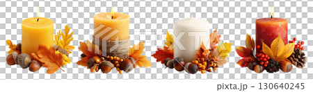 Set of isolated candle with decorations isolated on transparent background for autumn season and Thanksgiving. 130640245