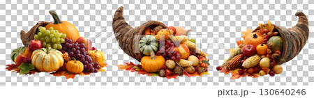 Set of isolated Cornucopia basket isolated on transparent background for autumn season and Thanksgiving. 130640246