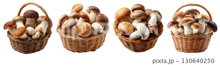Set of isolated basket with mixed mushrooms on transparent background for cooking and food ingredient design. 130640250