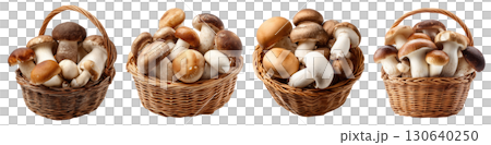 Set of isolated basket with mixed mushrooms on transparent background for cooking and food ingredient design. 130640250