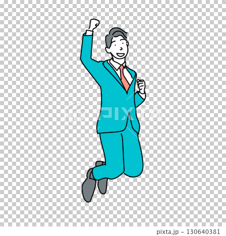 Stock Illustration: A businessman in a suit jumping with a fist pump 130640381