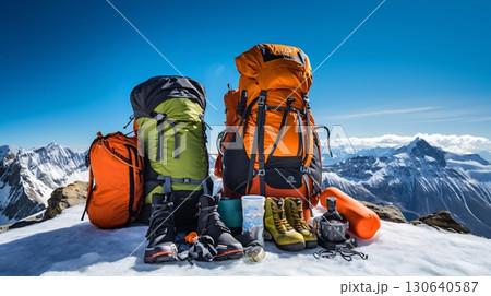 雪山に置かれた登山道具一式 雪山に置かれた登山道具一式 130640587