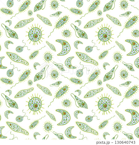 Seamless pattern with unicellular organisms, photoplankton, zooplankton. Watercolor illustration, hand drawn, cartoon. For stickers, biology and ecology textbooks. Sea, organism, ocean, plankton, swim 130640743