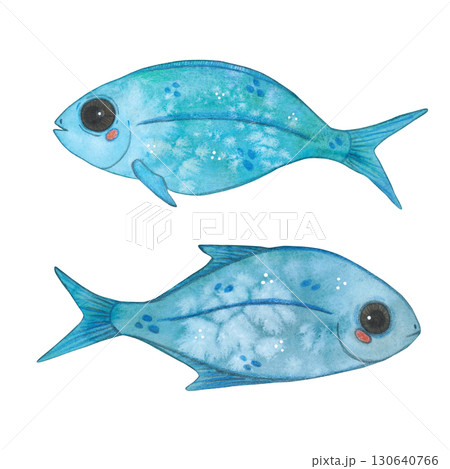 Set of two blue fish looking in opposite directions. Watercolor illustration drawn, cartoon, hand-drawn. For stickers, biology and ecology manuals. Sea, organism, ocean, swim, animal Set of two blue fish looking in opposite directions. Watercolor illustration drawn, cartoon, hand-drawn. For stickers, biology and ecology manuals. Sea, organism, ocean, swim, animal 130640766