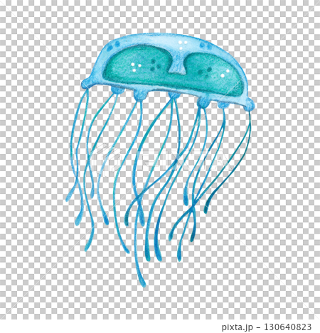 Small blue jellyfish with long tentacles. Watercolor illustration drawn, cartoon, hand-drawn. For stickers, biology and ecology manuals. Sea, animal, coelenterates, organism, ocean, plankton 130640823