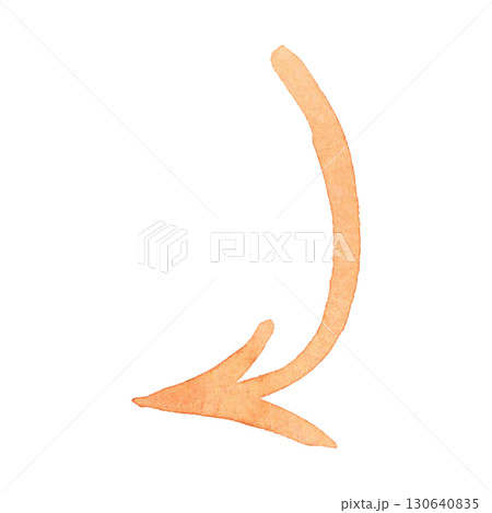 A thin orange arrow curved to the side. Watercolor hand drawn illustration. Design for stickers, scrapbooking, journaling. Pointer, arrow, direction, way, movement, diagonal 130640835
