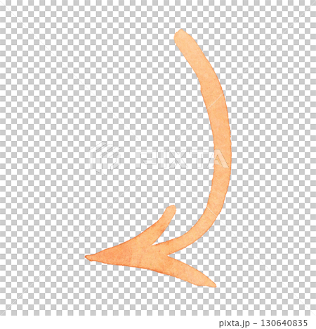 A thin orange arrow curved to the side. Watercolor hand drawn illustration. Design for stickers, scrapbooking, journaling. Pointer, arrow, direction, way, movement, diagonal 130640835