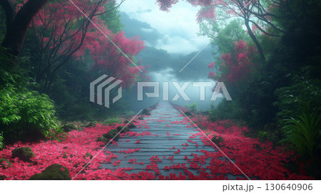 ピンク色の花びらの山道 130640906