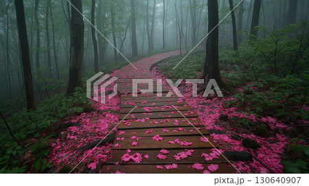 ピンク色の花びらの山道 130640907