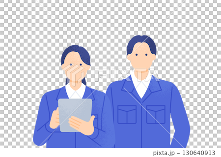 Men and women in work clothes, a woman holding a tablet, an upper body illustration of a worker facing forward 130640913