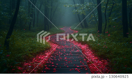 ピンク色の花びらの山道 130640925