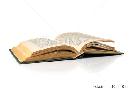 Old book stack pages texture. Vintage books background, antique library collection closeup 130641032
