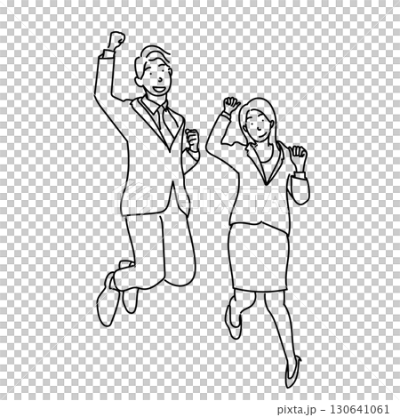 Stock Illustration: Male and female business people line drawings in suits jumping in a guts pose Stock Illustration: Male and female business people line drawings in suits jumping in a guts pose 130641061