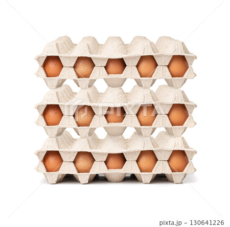 Egg Tray Stack Isolated, 30 Brown Eggs Pack, Pile of Fresh Organic Eggs in Paper Containers 130641226