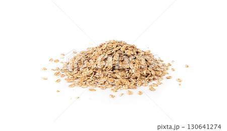 Spelt flakes isolated, dry raw rolled flat oat grains, wheat, oatmeal or bran, barley rye cereals 130641274