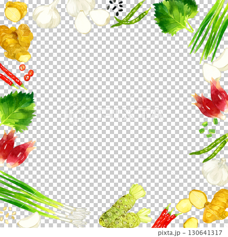 Frame of vegetables used as condiments Hand-drawn watercolor illustration background material Frame of vegetables used as condiments Hand-drawn watercolor illustration background material 130641317