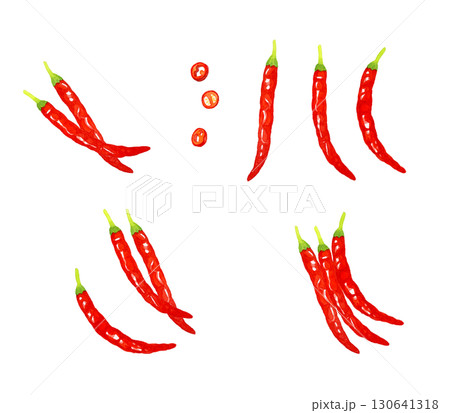 赤唐辛子のセット　野菜・薬味の手描き水彩イラスト素材 130641318