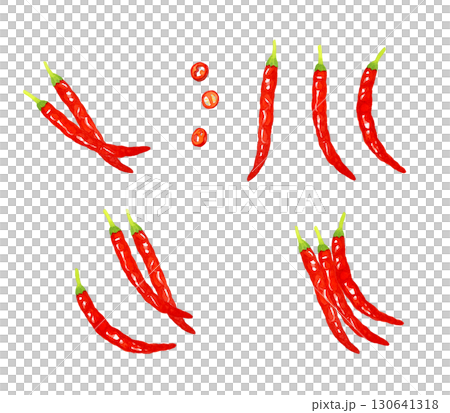 赤唐辛子のセット　野菜・薬味の手描き水彩イラスト素材 130641318