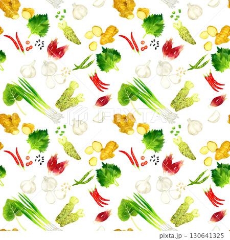 薬味・野菜のシームレスパターン　手描き水彩イラスト背景素材 130641325