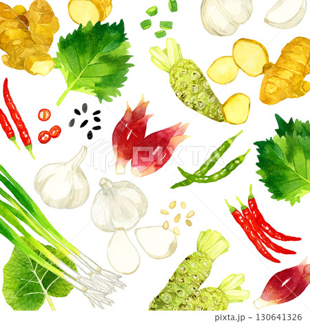 薬味として使われる野菜の背景　手描き水彩イラスト素材 130641326