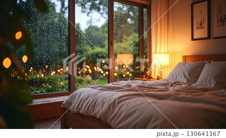雨の日の窓辺と温かな照明に包まれた寝室 130641367