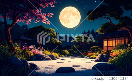 満月と桜に照らされた日本の禅庭園 満月と桜に照らされた日本の禅庭園 130641384