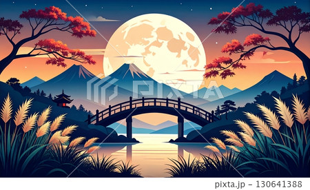 日本の山岳風景と満月に照らされた橋 130641388