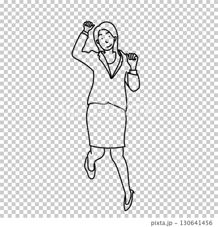 圖庫插圖: 穿著西裝的女商人線畫，用拳頭泵跳躍 130641456