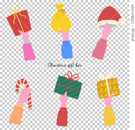 手に持ったクリスマスプレゼント、かわいい手描きイラストセット 130641504