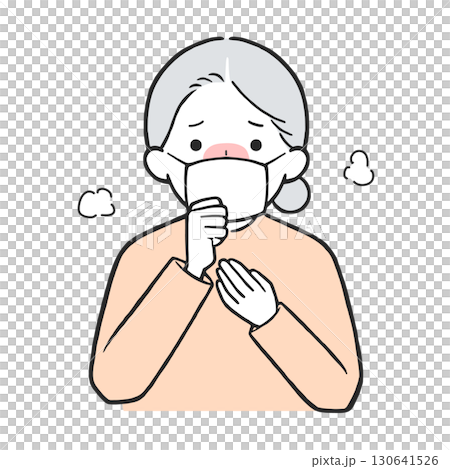 Illustration of a senior woman coughing while wearing a mask Fever, cold, flu, infection prevention 130641526