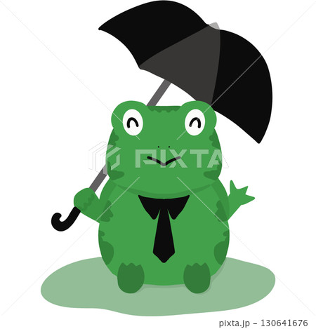 Cute cartoon frog holding a black umbrella while wearing a necktie, sitting on a green puddle. Adorable and playful illustration perfect for kids, stickers, or whimsical designs. 130641676