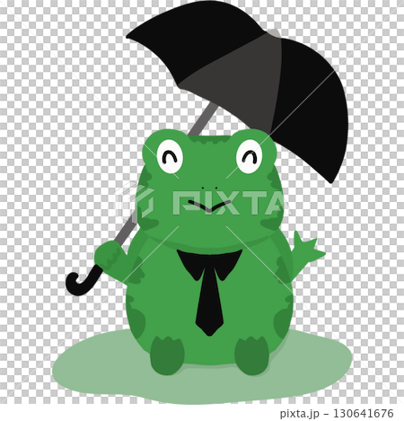 Cute cartoon frog holding a black umbrella while wearing a necktie, sitting on a green puddle. Adorable and playful illustration perfect for kids, stickers, or whimsical designs. 130641676