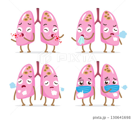 Set of pulmonary tuberculosis . TB lung cartoon characters . Mycobacterium tuberculosis bacteria infected in apex of both lung . Isolated white background . Vector . 130641698