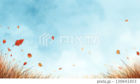 秋の草原と青空に舞う落ち葉のイラスト素材（水彩風・背景） 130641853