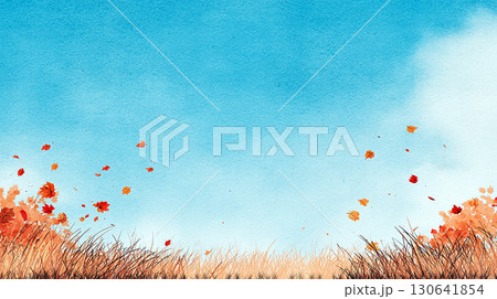 秋の草原と青空に舞う落ち葉のイラスト素材(水彩風・背景) 秋の草原と青空に舞う落ち葉のイラスト素材(水彩風・背景) 130641854