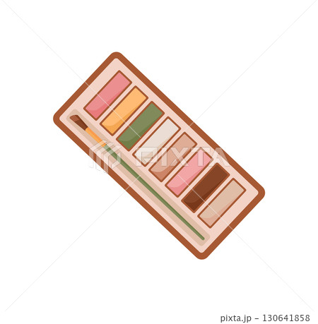 Woman makeup palette with a brush, showcasing beauty and cosmetic products like lotion. Flat graphic representation of spa essentials. Ideal for beauty, skincare, and fashion themes. 130641858